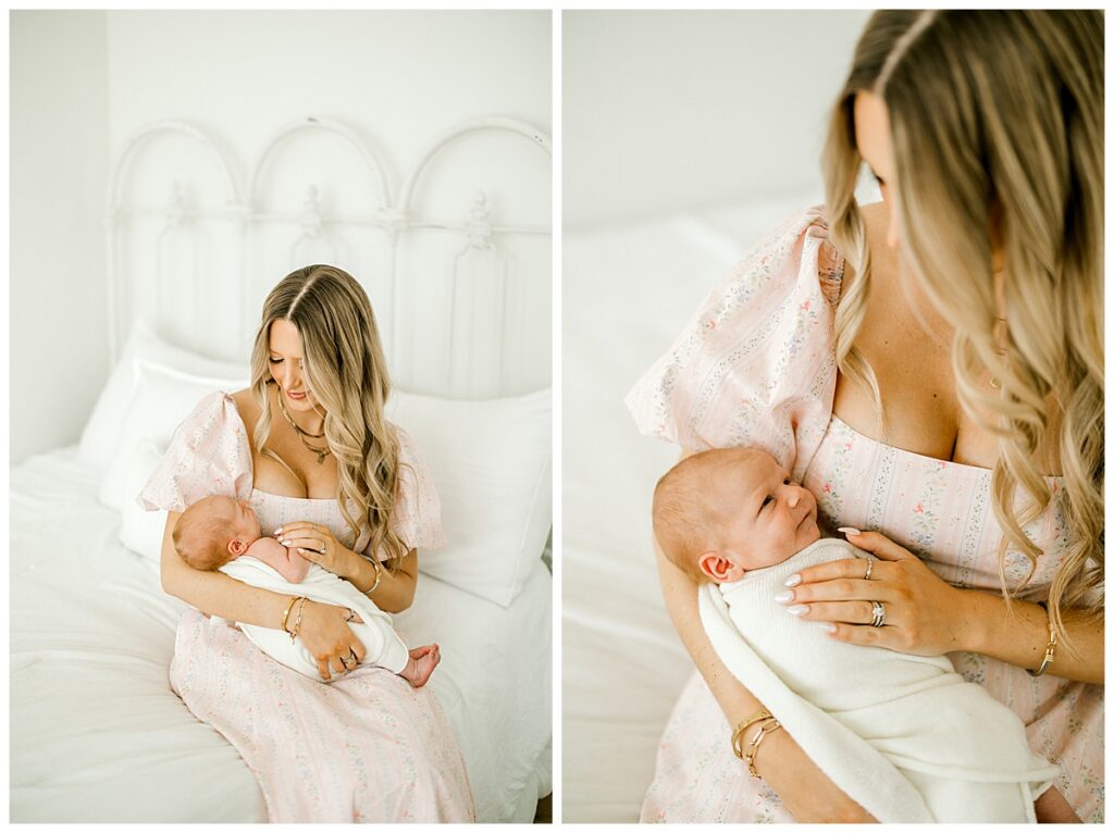 Mother holding newborn baby Tuxon in Indianapolis photography studio