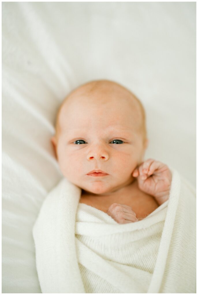 Newborn baby boy Tuxon wrapped in neutral tones at Indianapolis studio