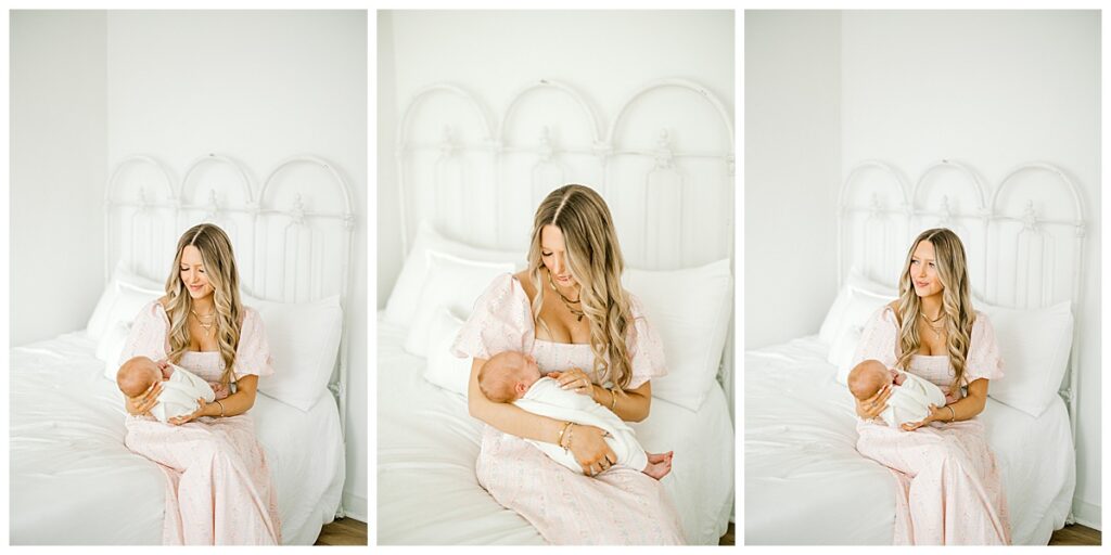 Mom and baby portrait with soft neutral tones in Indianapolis studio