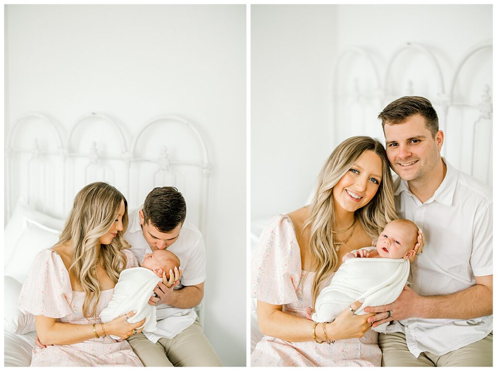 Parents holding newborn baby during studio session in downtown Indianapolis