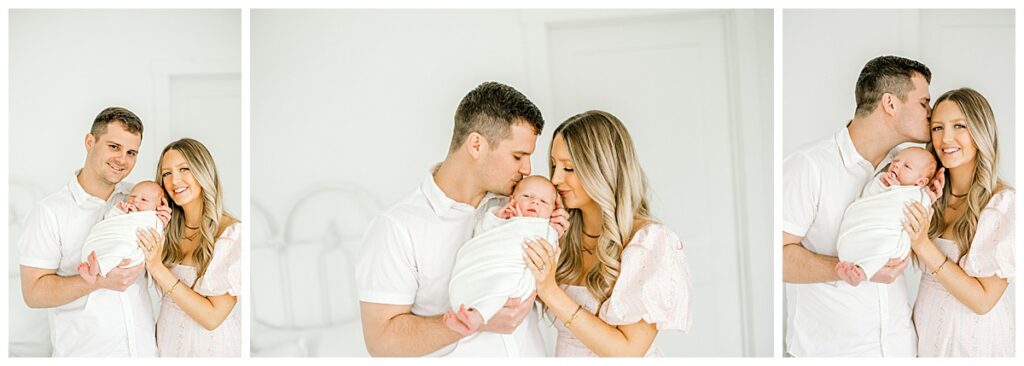 Parent kissing newborn baby during studio session Indianapolis Indiana