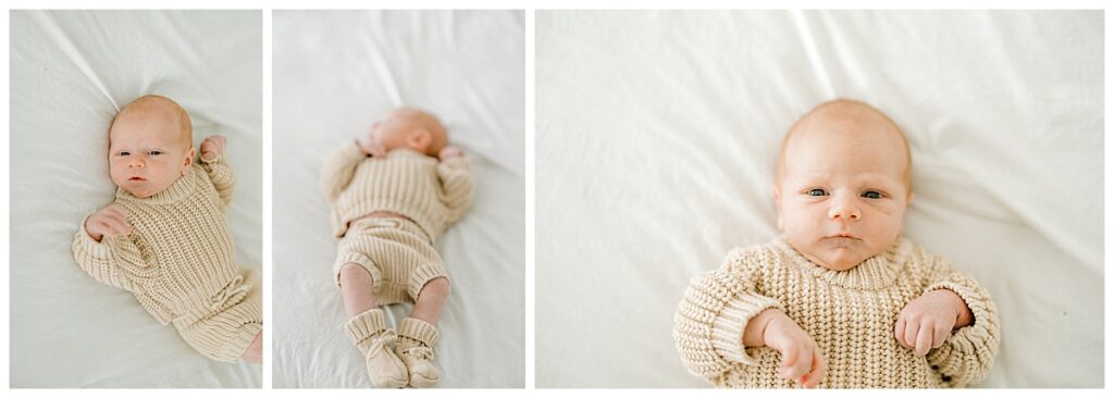 Newborn posed in bed with neutral styling Indianapolis photographer