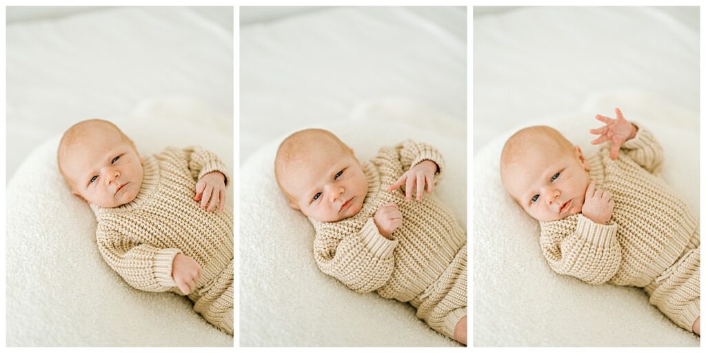 Wrapped newborn posing on beanbag in natural light studio Indianapolis